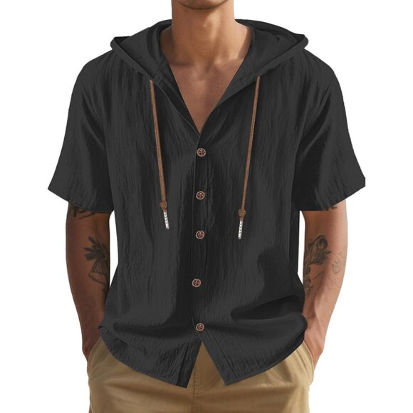 Men's Short Sleeve Button Down Hoodie Shirt Casual Lightweight Summer Top - Picture 1 of 6